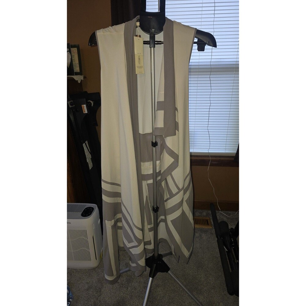 NWT Sz M BCBGMAXAZRIA RUNWAY Oatmeal Geometric Colorblock Draped Duster Vest$348
